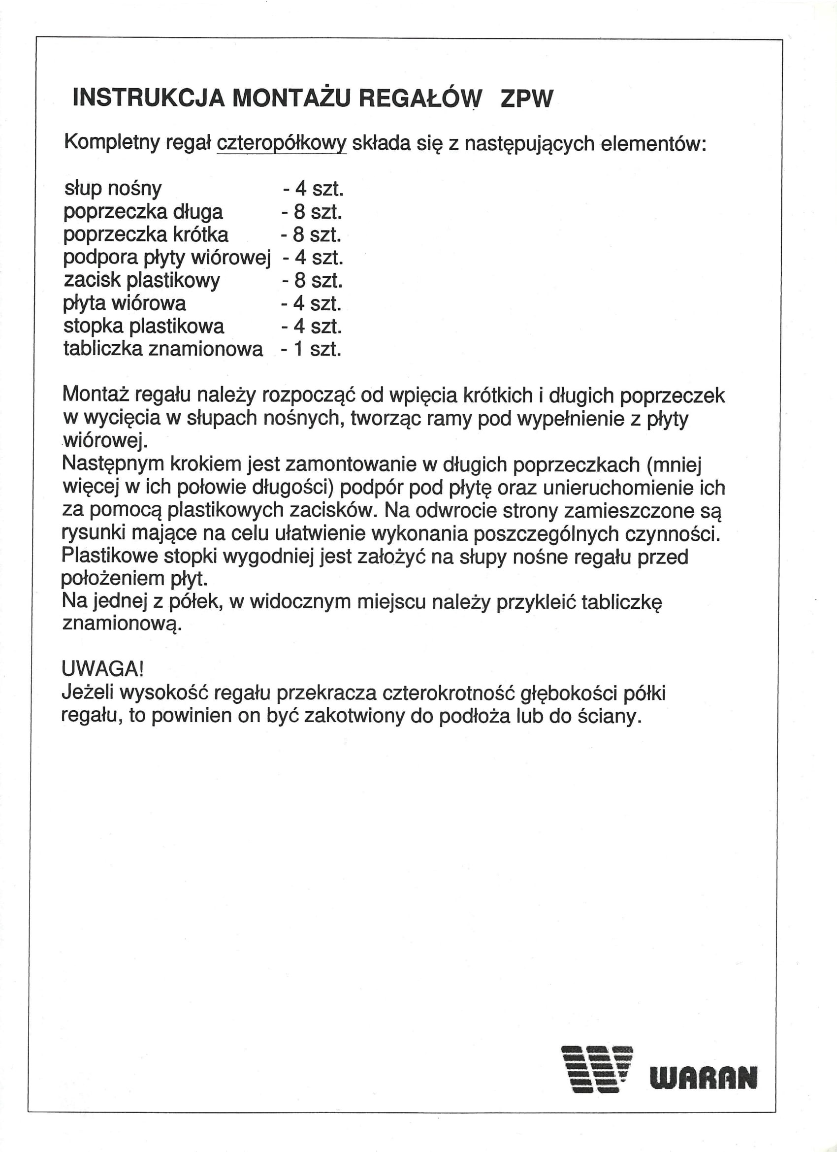 instrukcja montażu regałów ZPW